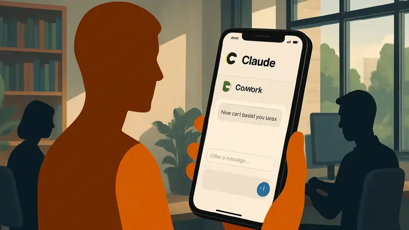 Изображение мобильного приложения Claude Cowork от Anthropic, демонстрирующее простой интерфейс для нетехнических пользователей.