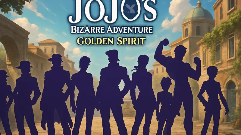 Обложка мобильной RPG JoJo's Bizarre Adventure: Golden Spirit с персонажами из шести поколений.