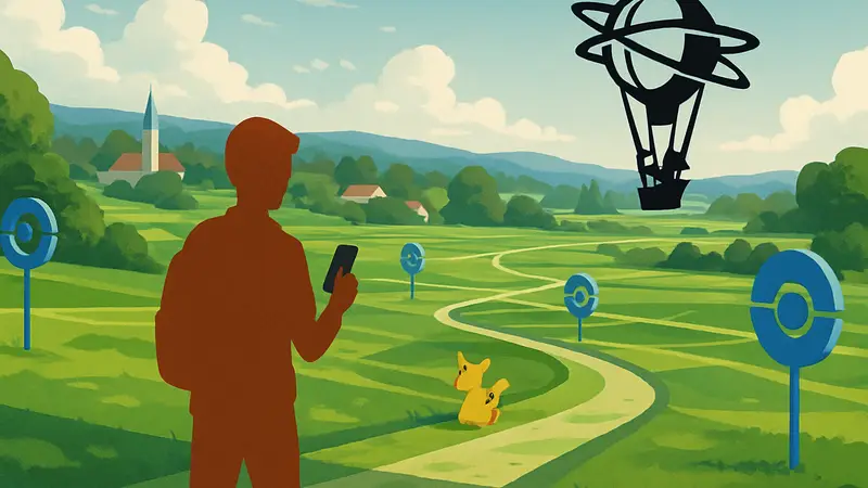 Скриншот из игры Pokémon GO, показывающий новичка, который исследует мир, с логотипом Niantic.