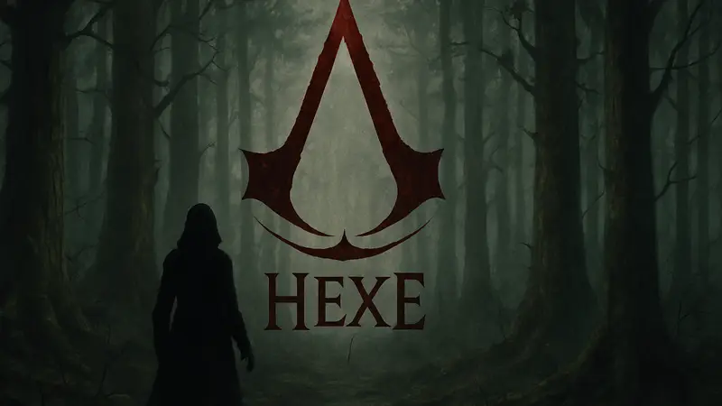 Логотип Assassin's Creed Hexe, с мрачной стилистикой, на фоне леса