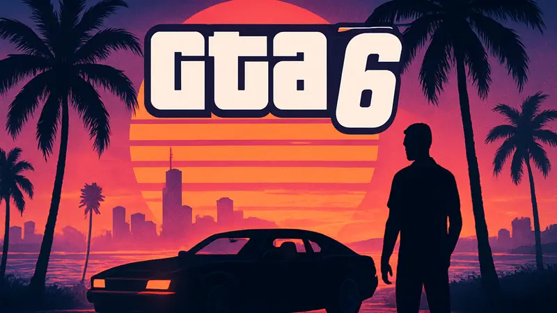 GTA 6: логотип игры на фоне неонового заката Вайс-Сити, с машиной и пальмами.
