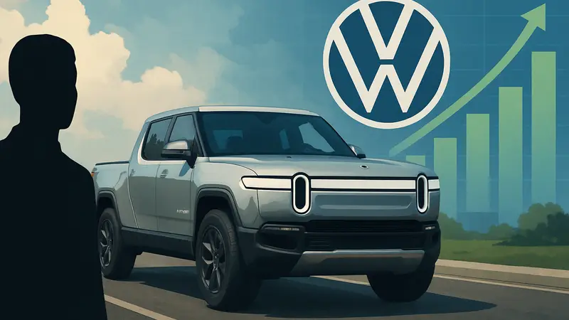 Электромобиль Rivian R1T на дороге, на фоне логотипов Volkswagen и графиков роста прибыли.