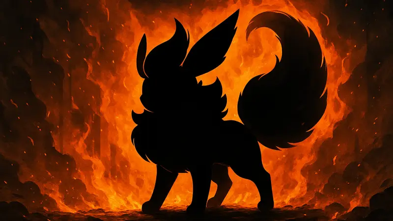 Огненный покемон Flareon, одна из эволюций Иви, на фоне пламени, демонстрируя свои способности.