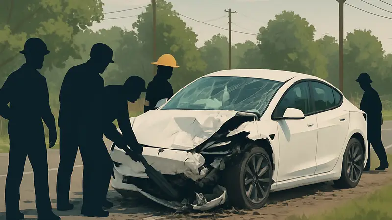 Место аварии Tesla, автомобиль с повреждениями после смертельного ДТП в Техасе, рядом работают спасатели.