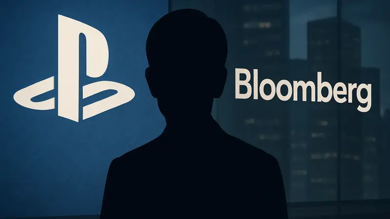 Хироки Тотоки, генеральный директор Sony, на фоне логотипов PlayStation и Bloomberg.