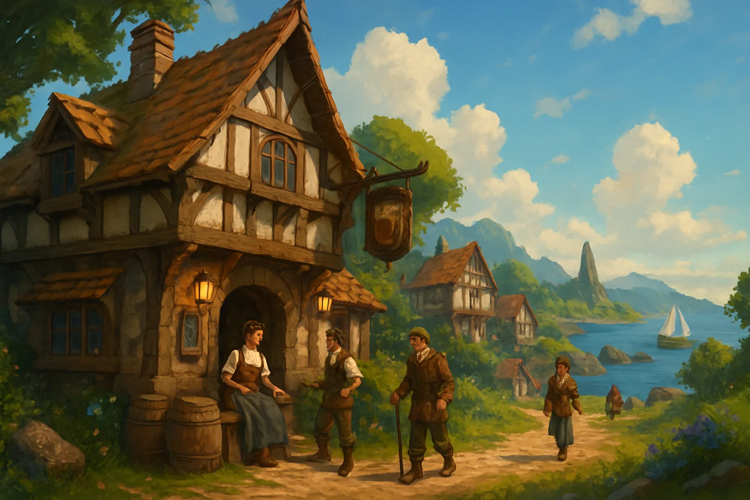 Концепт-арт Fable, демонстрирующий пабы, жителей и колоритные пейзажи мира Альбиона.