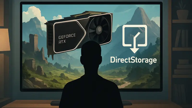 Графический процессор Nvidia GeForce RTX и логотип DirectStorage на экране, символизирующие ускоренную загрузку игр.