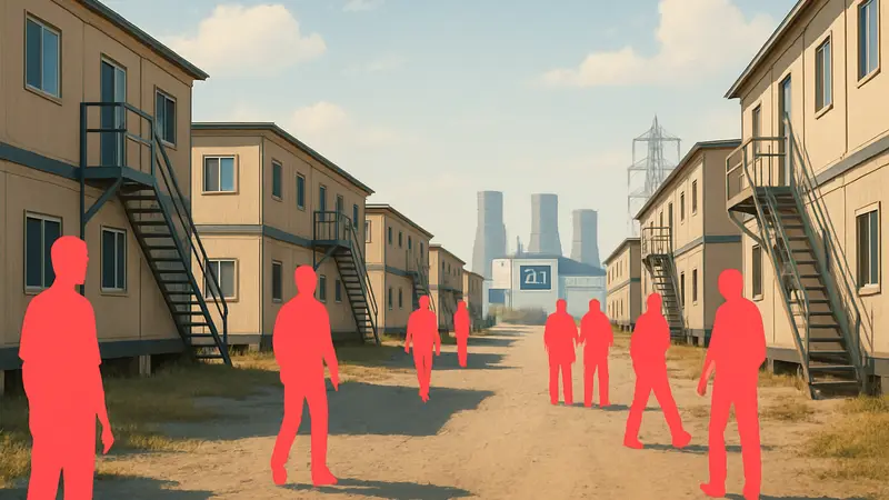 Иллюстрация: рабочие лагеря для сотрудников AI дата-центров, похожие на жилые комплексы нефтяников.
