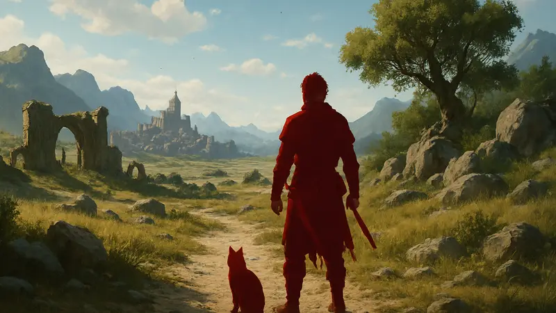 Игровой скриншот Crimson Desert, показывающий открытый мир и персонажей, возможно, с кошкой.