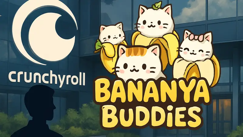 Логотип мобильной игры Bananya Buddies с милыми персонажами-котятами, спрятанными в бананах, на фоне Crunchyroll.