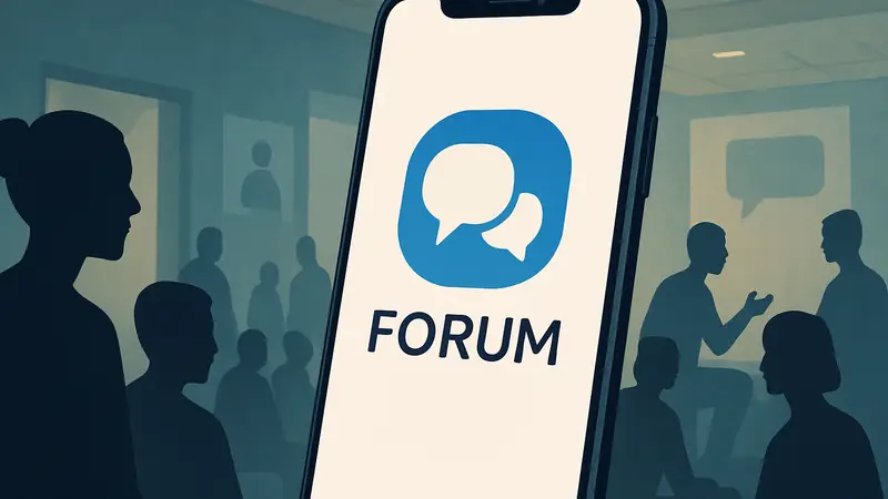 Логотип приложения Forum от Meta на экране смартфона, символизирующий сообщество и дискуссии.