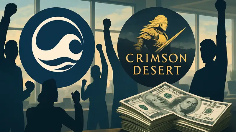 Логотип Pearl Abyss и Crimson Desert, на фоне счастливых сотрудников и пачки долларов