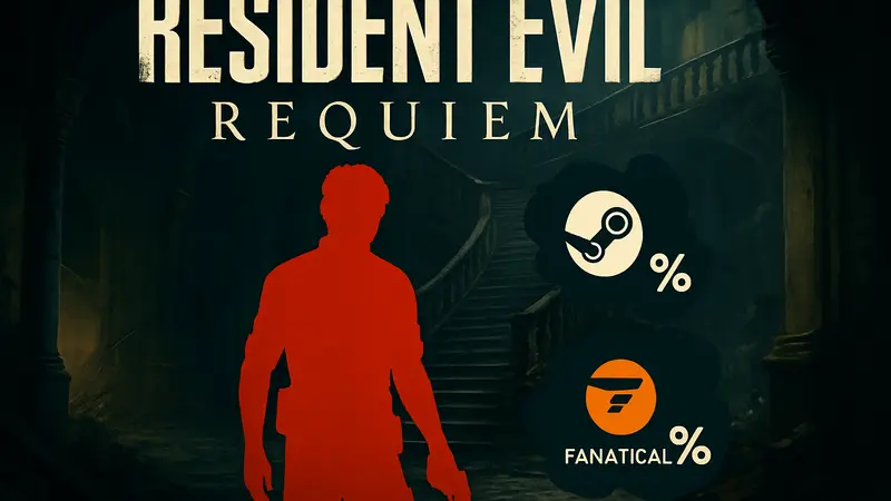 Обложка игры Resident Evil Requiem, персонаж, скидка Steam, Fanatical распродажа.