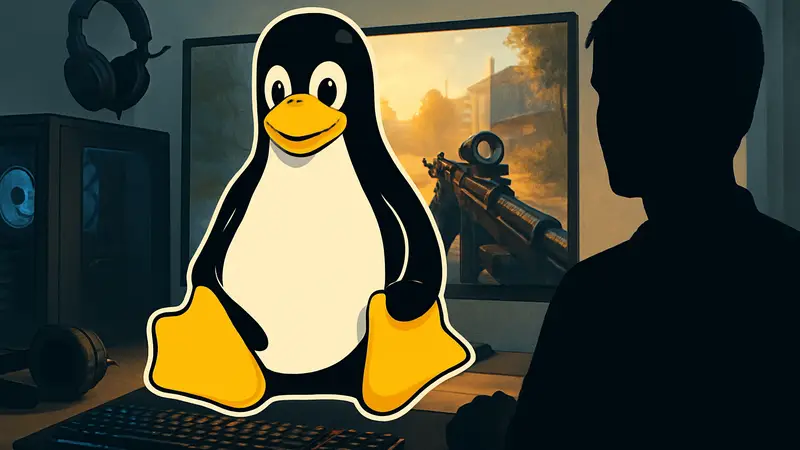 Логотип Linux на фоне рабочего стола с инструментами для геймеров