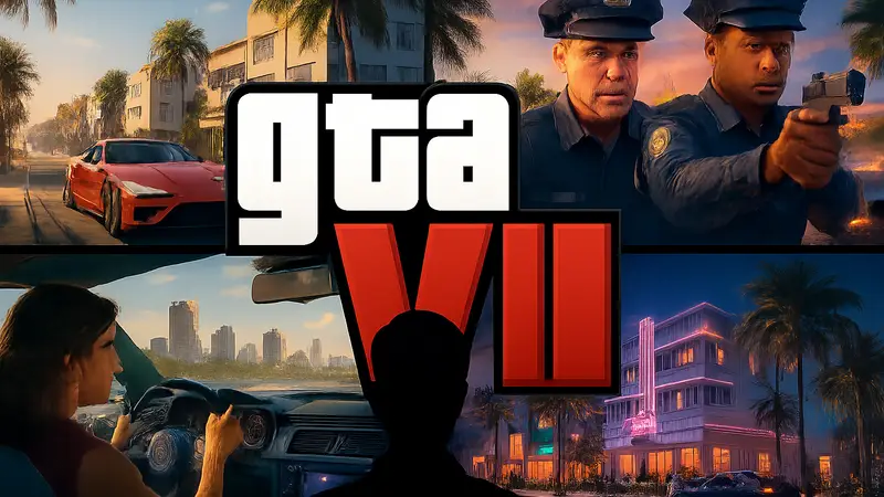 Логотип GTA 6 на фоне скриншотов, которые могут быть не из геймплея игры