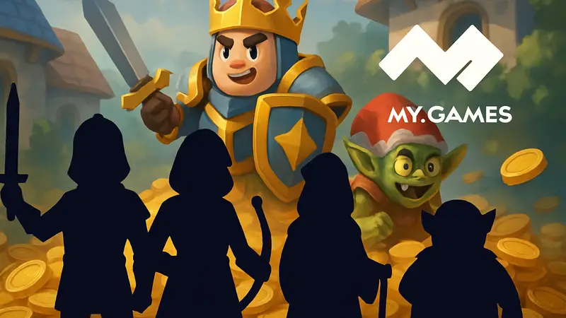 Игровые персонажи Rush Royale, золотые монеты и логотип My.Games, символизирующие крупный доход от игры.