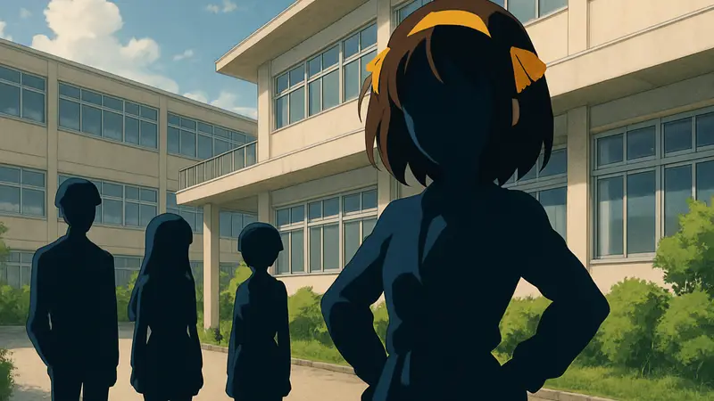 Обложка аниме «Меланхолия Харухи Судзумии» с изображением главных героев, включая Харухи.