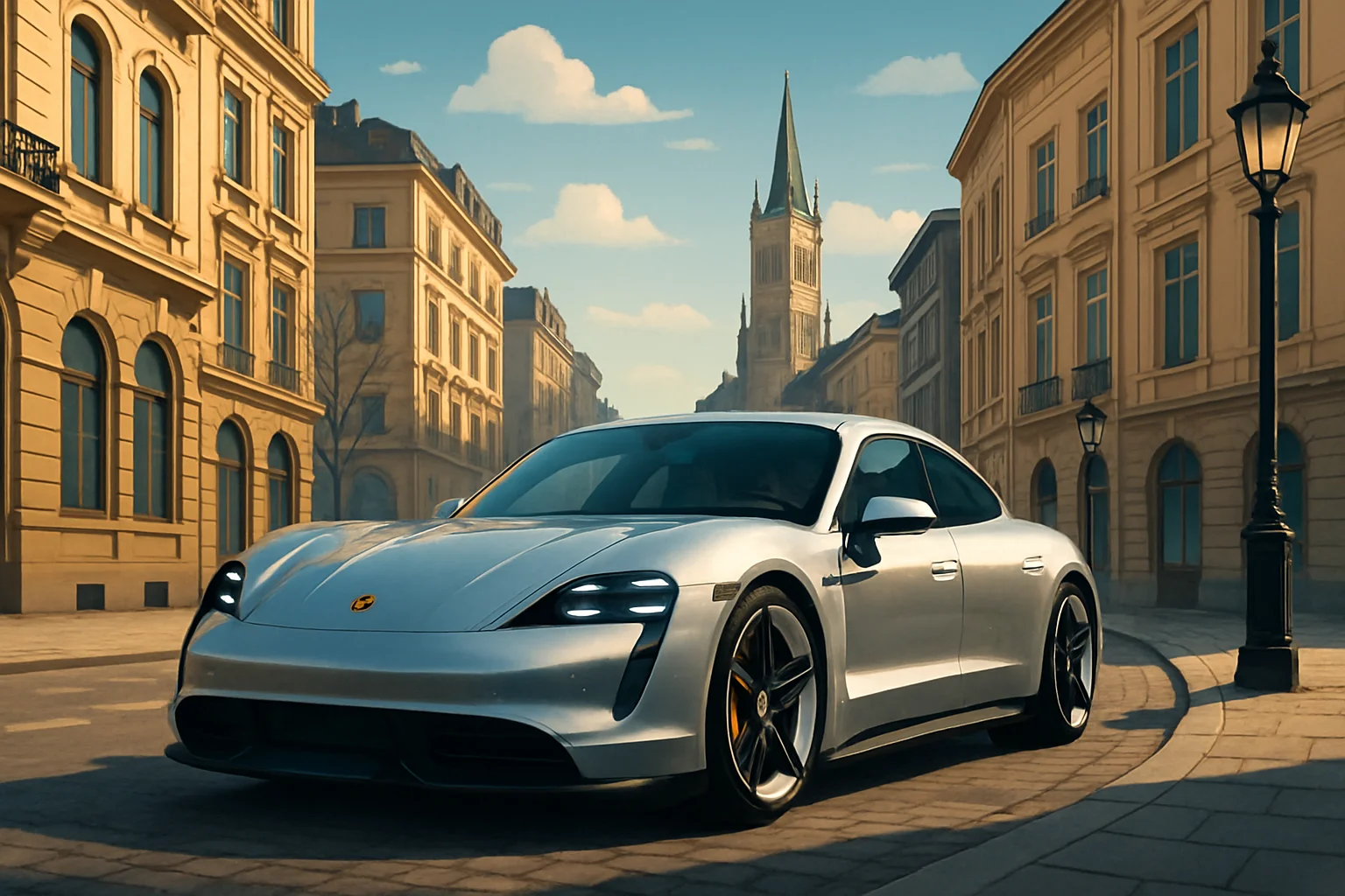 Электромобиль Porsche Taycan на европейской улице, символизирующий рост продаж электромобилей бренда.