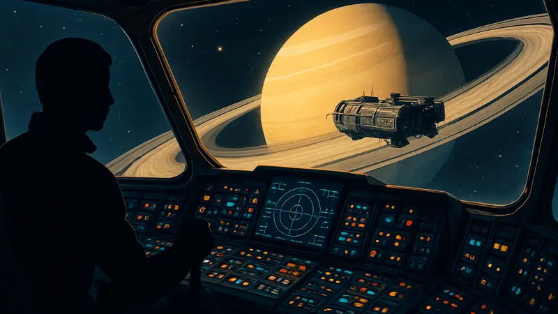 Изображение космического корабля симулятора Space Hauler в космосе у Сатурна, с детализированным кокпитом.