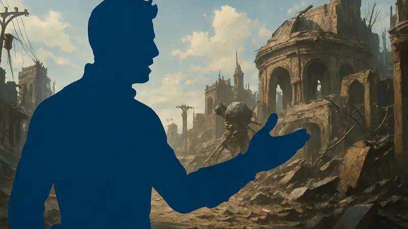 Главный герой Fallout 4, демонстрирующий озвученную реплику, на фоне постапокалиптических руин.