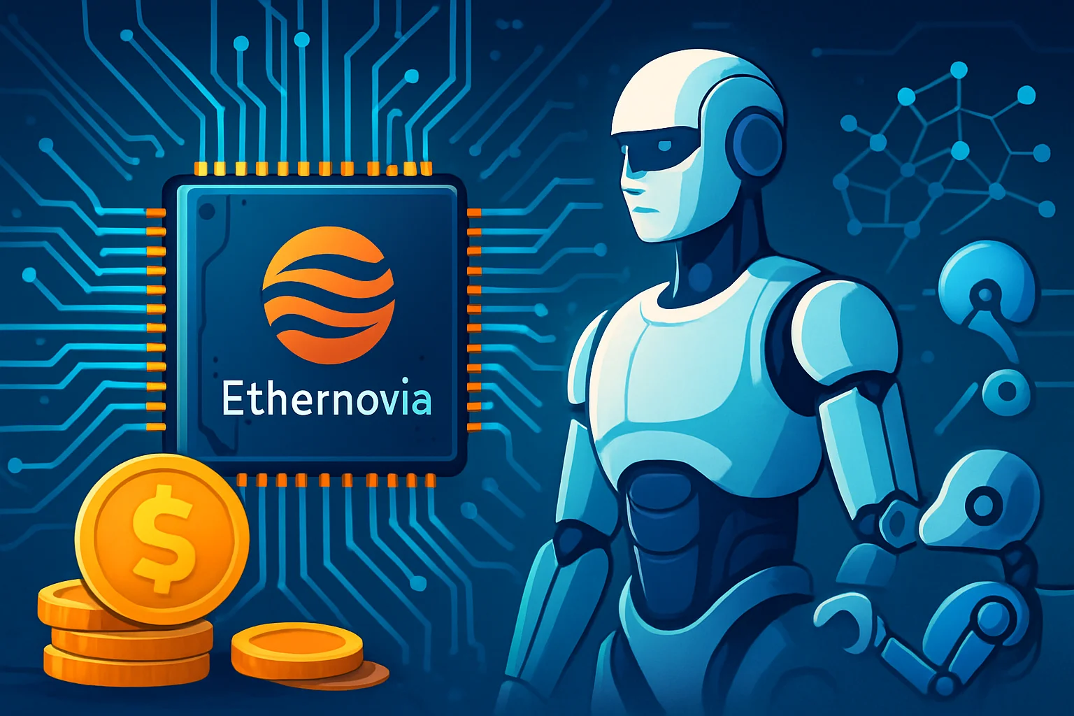 Абстрактное изображение с элементами микросхем и роботов, символизирующее инвестиции в "физический ИИ" и робототехнику.