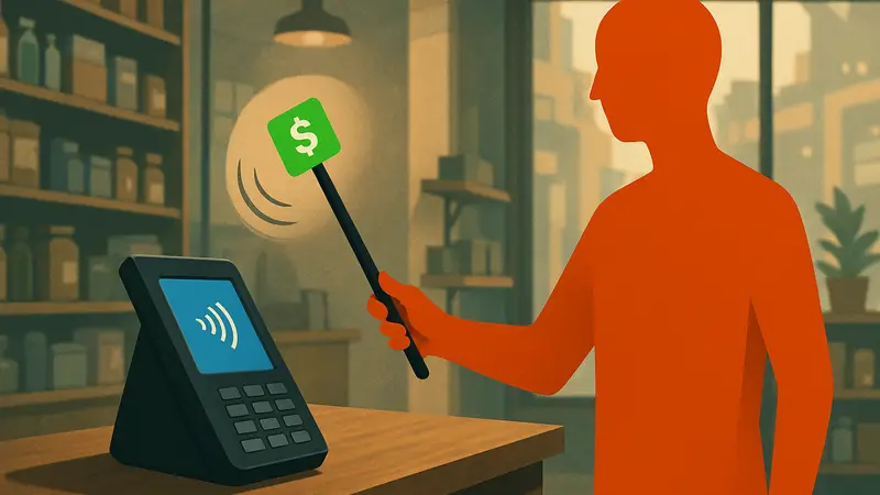 Человек использует NFC-устройство Cash App в форме волшебной палочки для бесконтактной оплаты в магазине