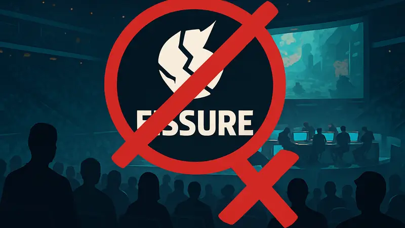 Логотип FISSURE на фоне киберспортивного турнира, символ отмены или крест, FISSURE отмена турниров.