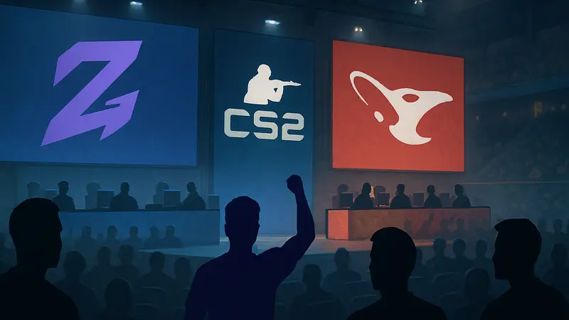 Киберспортивные команды 9z и MOUZ на турнире в Астане, логотипы команд CS2