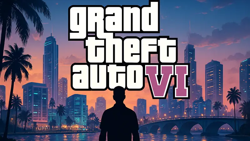 Логотип Grand Theft Auto 6 на фоне города Вайс-Сити, игровая графика