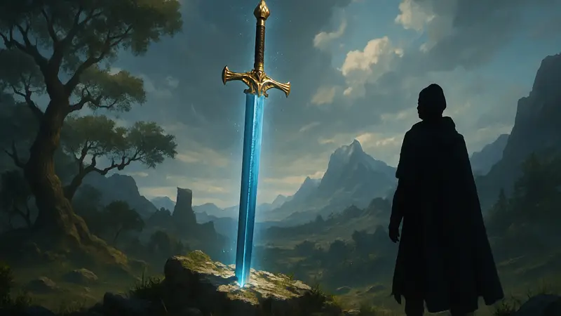 Двуручный меч Арбена в игре Crimson Desert, сияющий на фоне фантастического пейзажа.