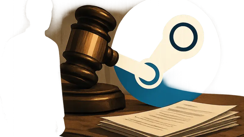 Логотип Steam на фоне судебного молотка и документов