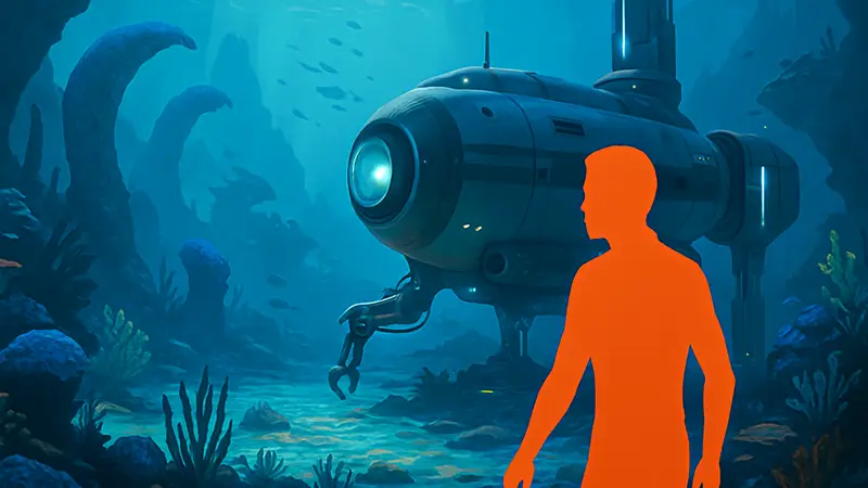 Игровой скриншот Subnautica 2 с подводными пейзажами и научно-фантастическим оборудованием.