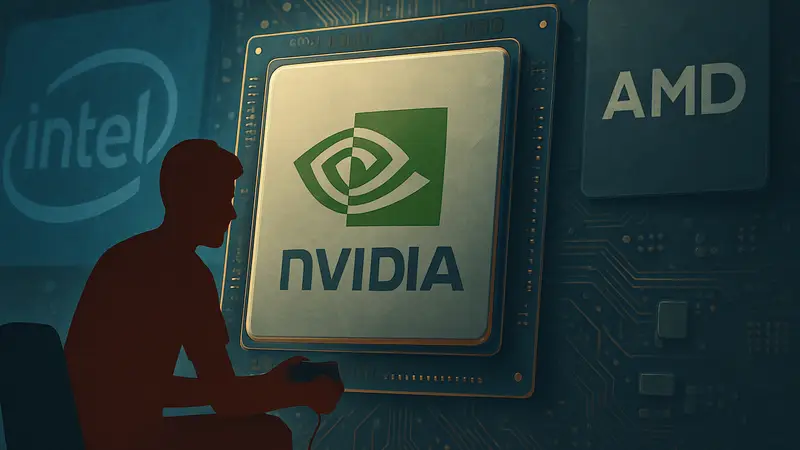 Графическое изображение процессора Nvidia с логотипами Intel и AMD на фоне