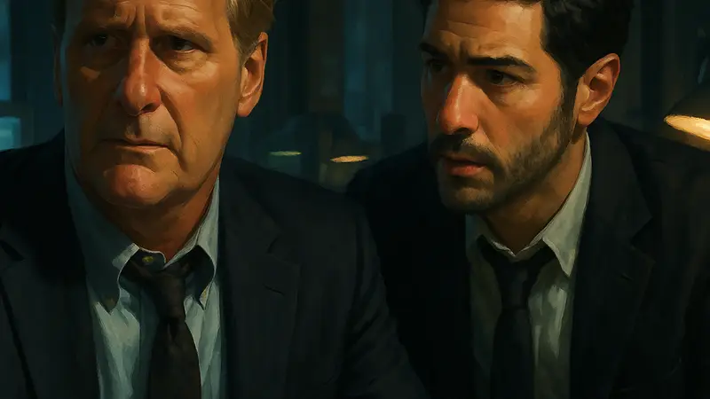 Кадр из мини-сериала «The Looming Tower» с актерами Джеффом Дэниэлсом и Тахаром Рахимом, в напряженной драматической обстановке.