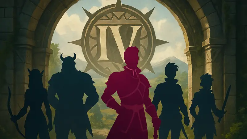 Персонажи сериала «Легенда о Vox Machina» на фоне логотипа четвертого сезона с Тарионом Даррингтоном.