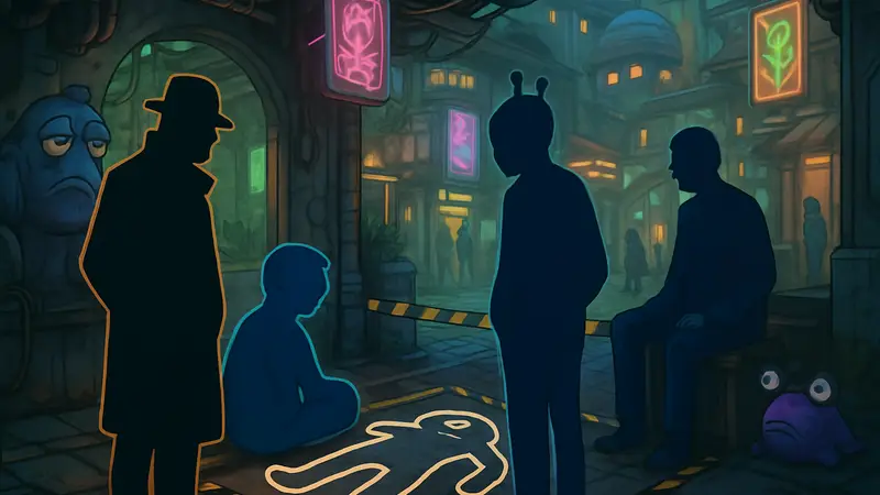 Скриншот из игры High on Life 2, демонстрирующий детективное расследование убийства Ларр и Пинкстока и его персонажей.