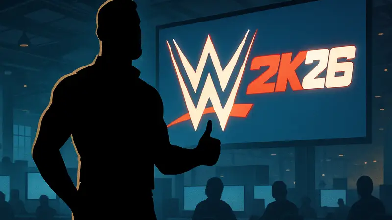 Джо Хендри, профессиональный рестлер, позирует рядом с логотипом WWE 2K26.
