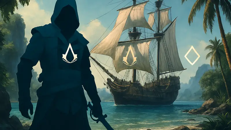 Эдвард Кенуэй на фоне корабля в Assassin's Creed Black Flag Resynced, система испытаний из Mirage