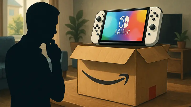 Изображение коробки Amazon с консолью Nintendo Switch OLED вместо контроллера Switch 2 Pro.