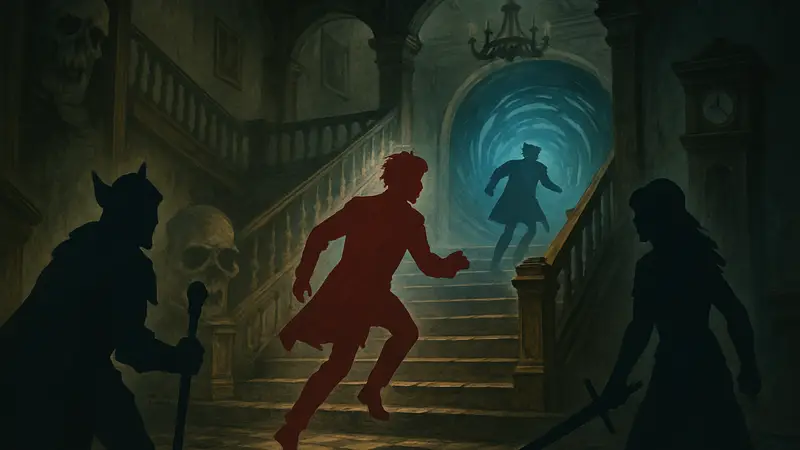 Иллюстрация персонажей D&D в зловещем особняке Death House, стилизованная под атмосферу сериала Доктор Кто