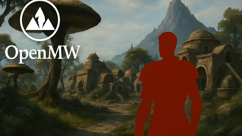 Логотип OpenMW и скриншот из игры The Elder Scrolls 3: Morrowind с улучшенной графикой.