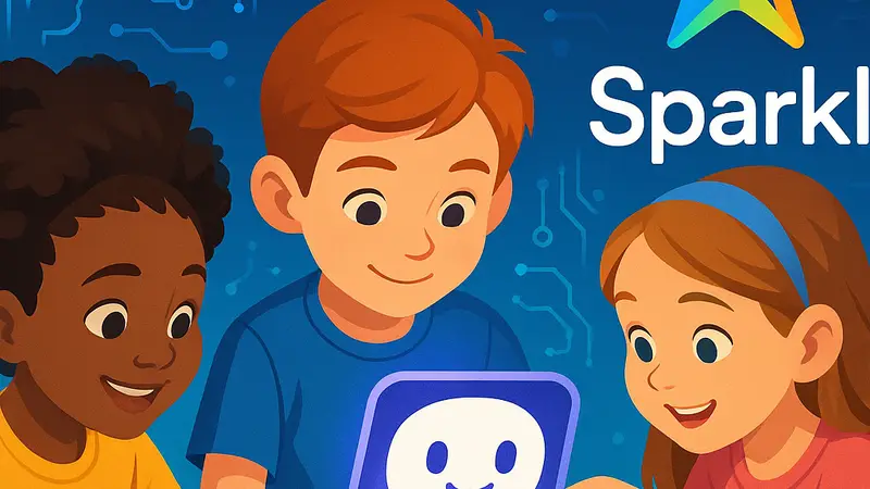 Изображение детей, взаимодействующих с планшетом, логотип Sparkli, элементы ИИ.