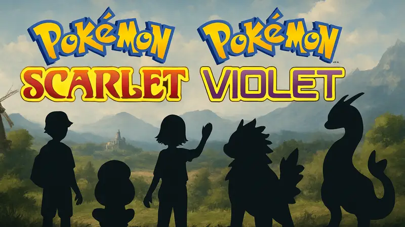 Логотип Pokemon Scarlet и Violet на фоне персонажей, символизирующий завершение поддержки игры Nintendo.
