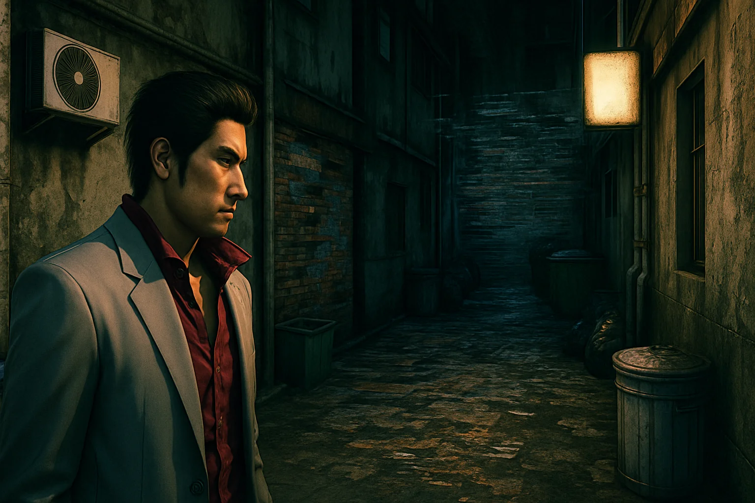 Скриншот из Yakuza 3 Remake, демонстрирующий "уродливый переулок" с заметными графическими артефактами