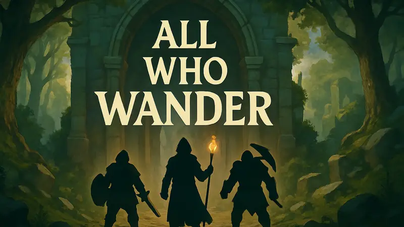 Логотип игры All Who Wander, иллюстрация персонажей в стиле пошагового пошагового рогалика.
