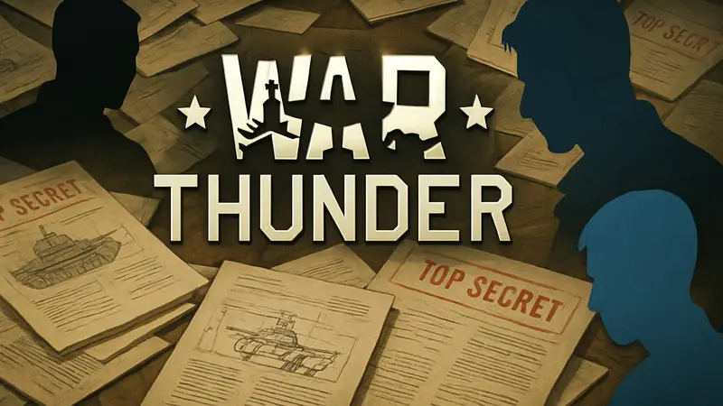 Логотип War Thunder на фоне военных документов, символизирующих скандал с утечкой данных и обвинениями.