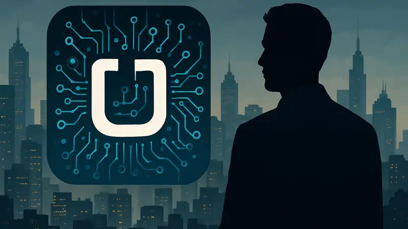 Изображение логотипа Uber с элементами искусственного интеллекта на фоне городского пейзажа.