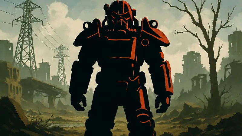 Игровой персонаж в силовой броне из Fallout 4 на фоне постапокалиптического пейзажа, символизирующего ремастеры классики.