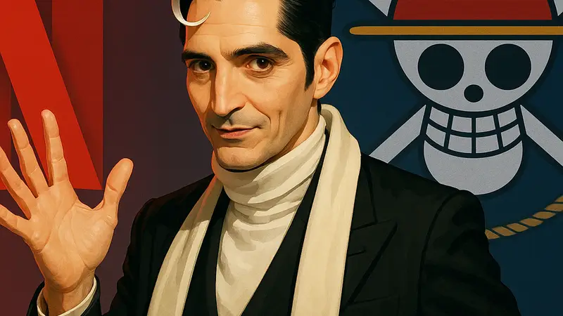 Дэвид Дастмалчян в образе Мистера 3 из One Piece на фоне символики сериала Netflix, демонстрирующий его актерский талант.