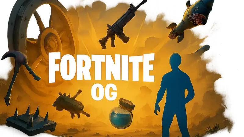 Логотип Fortnite OG на фоне возвращающихся из хранилища предметов или игровых элементов.